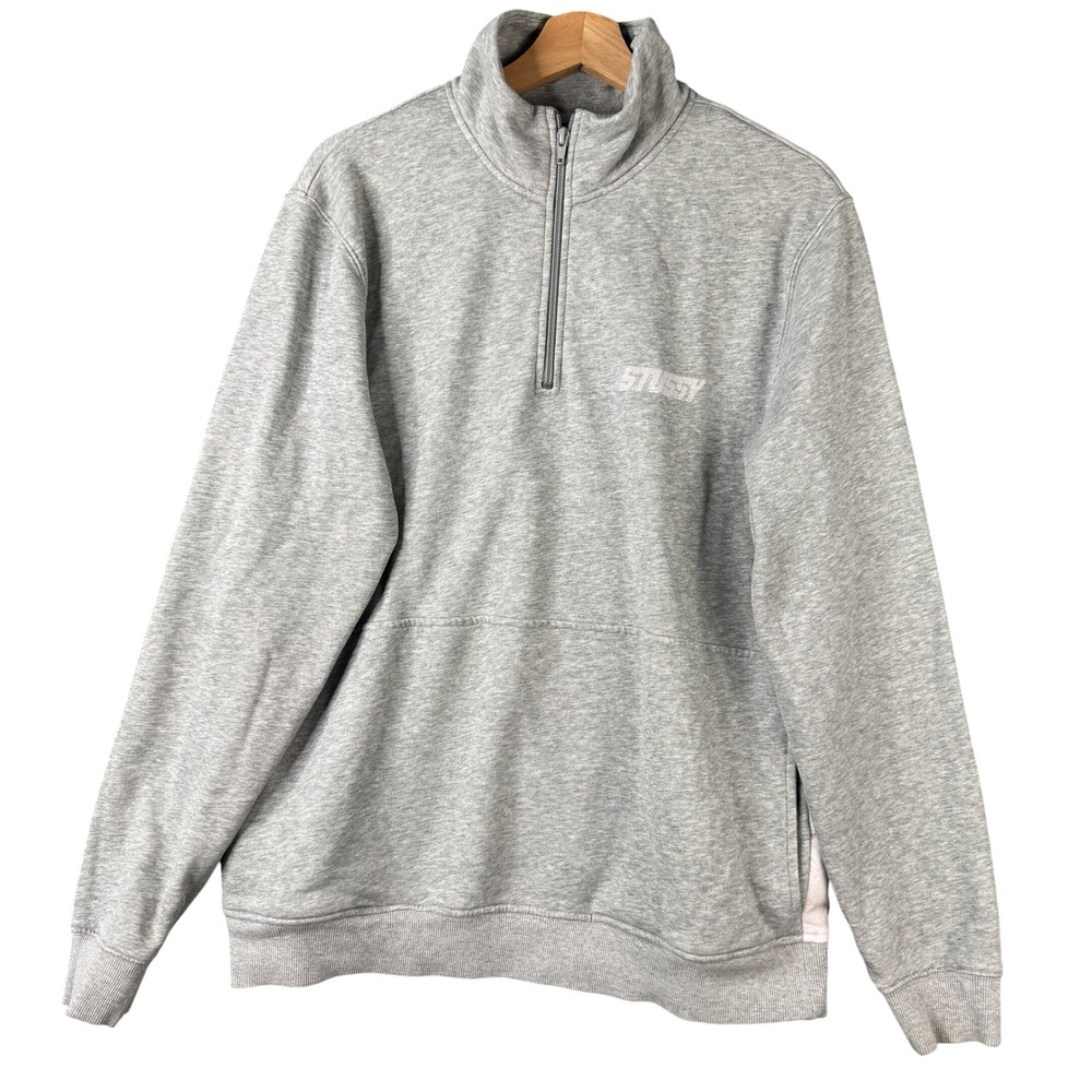 Stussy International 1/4 Zip Pullover Sweatshirt Heather Grey Large Cotton Blend